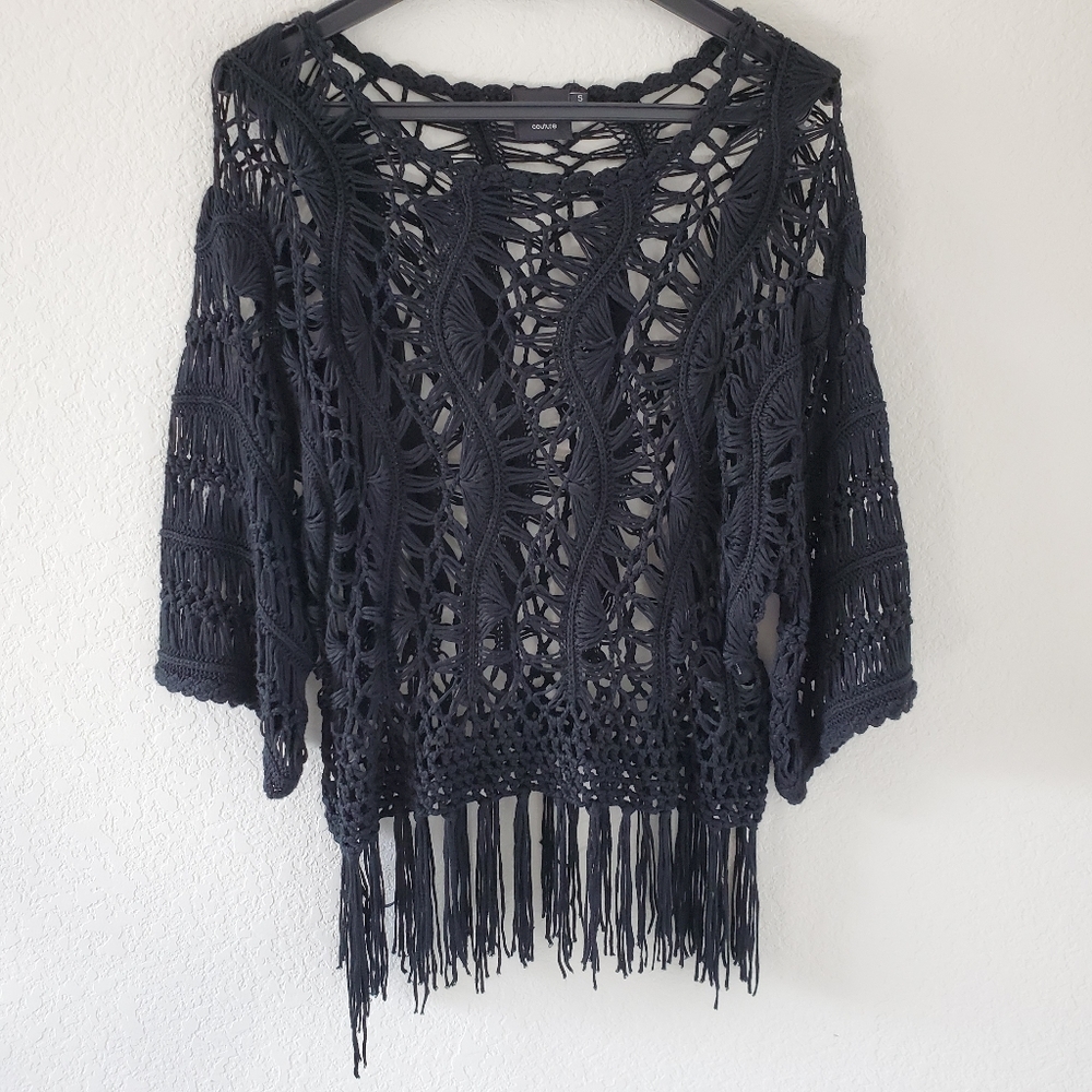 Cliche couture crochet fringe see thru knit blouse
